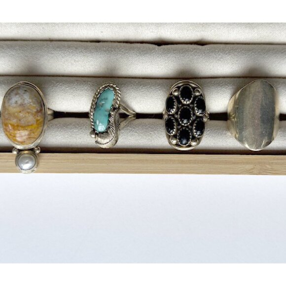 Vintage Sterling Silver Ring Lot — Turquoise, Onyx, Jasper, Modernist 4pc Bundle - Picture 15 of 15
